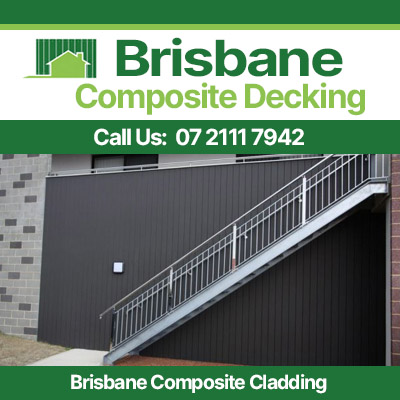 Composite cladding with vertical charcoal grey panels and modern staircase railing in Brisbane